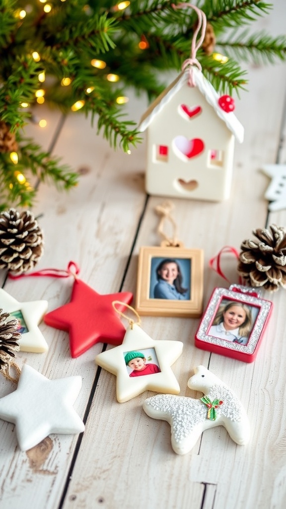 A variety of DIY Christmas ornaments including salt dough, photo frames, and pine cones on a wooden table with festive decorations.
